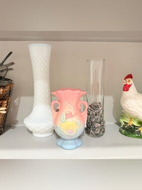 3 Vintage Vases Pastel Hull Art Vase-Arthur Court Rose & bunny-Milk Glass